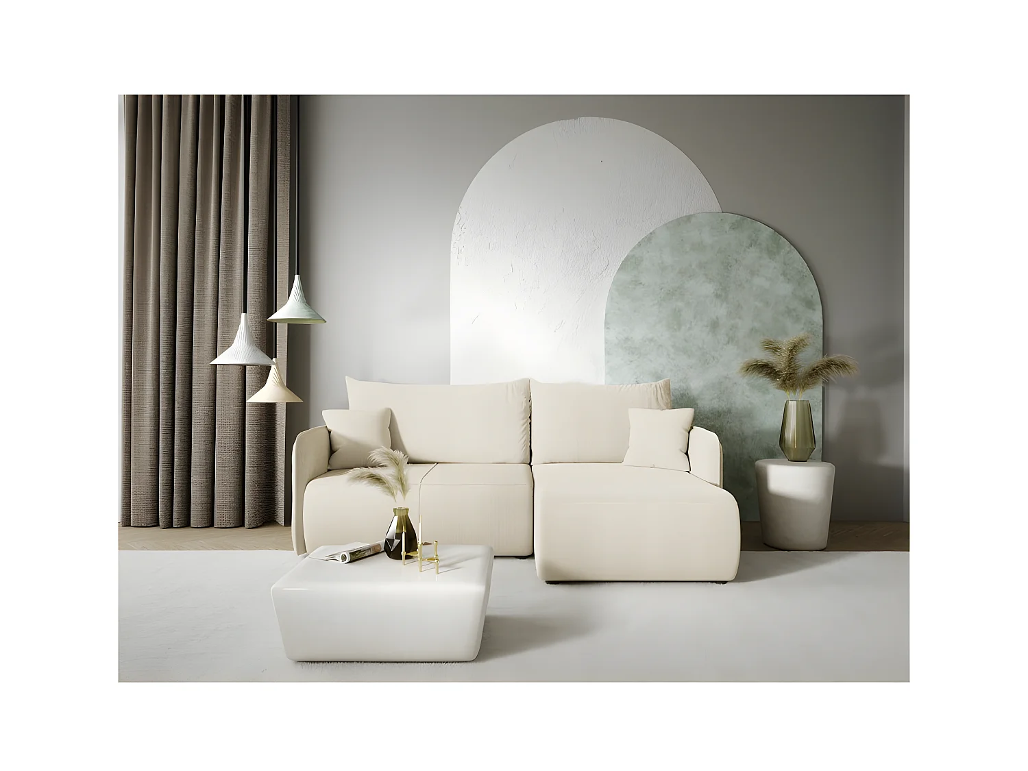 Canapé d'angle convertible FORIA en L en tissu hydrophobe beige