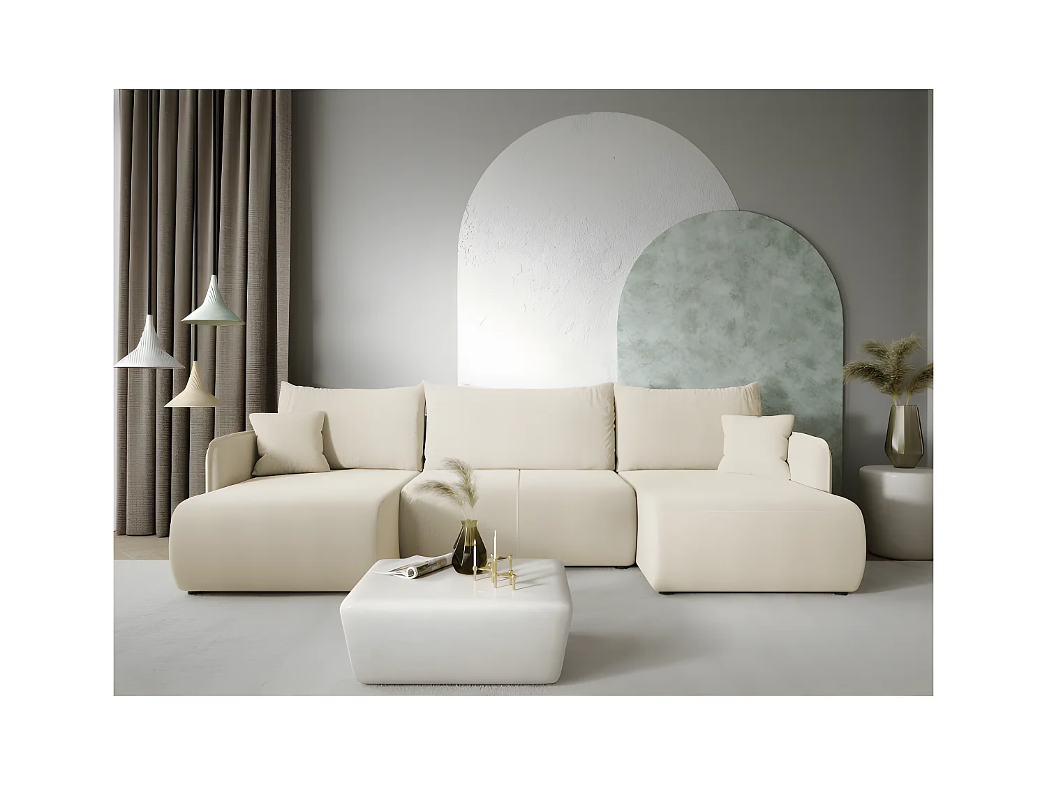 Canapé d'angle panoramique FORIA en U en tissu hydrophobe beige