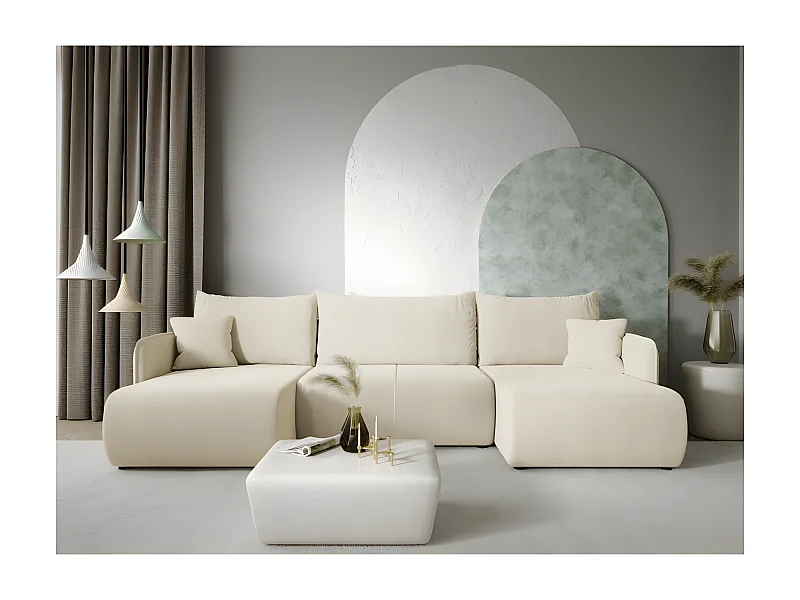 Canapé d'angle panoramique FORIA en U en tissu hydrophobe beige