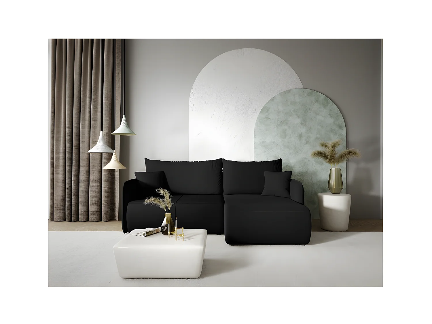 Canapé d'angle convertible FORIA en L en tissu hydrophobe noir