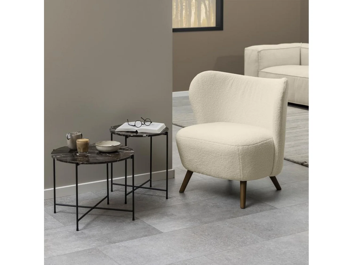 Fauteuil en tissu écru et piétement bois peint en noir - WINNY