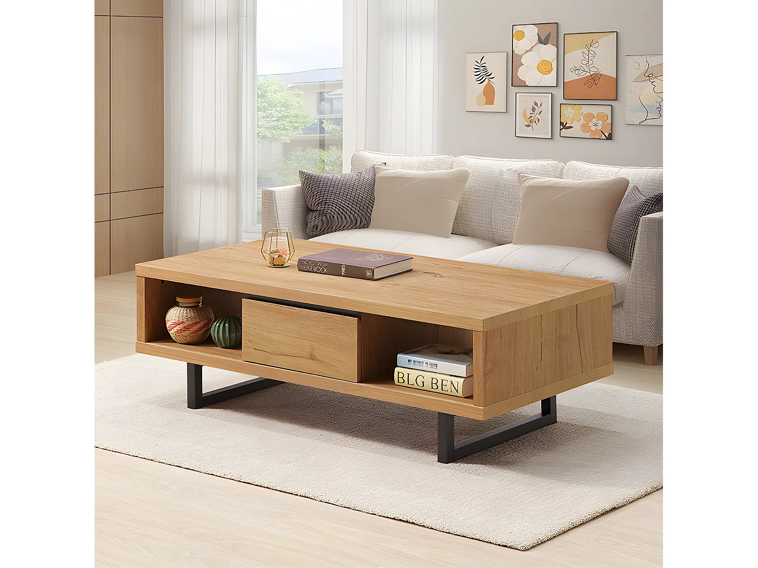 Table basse 2 niches 1 tiroir pieds métal Sully