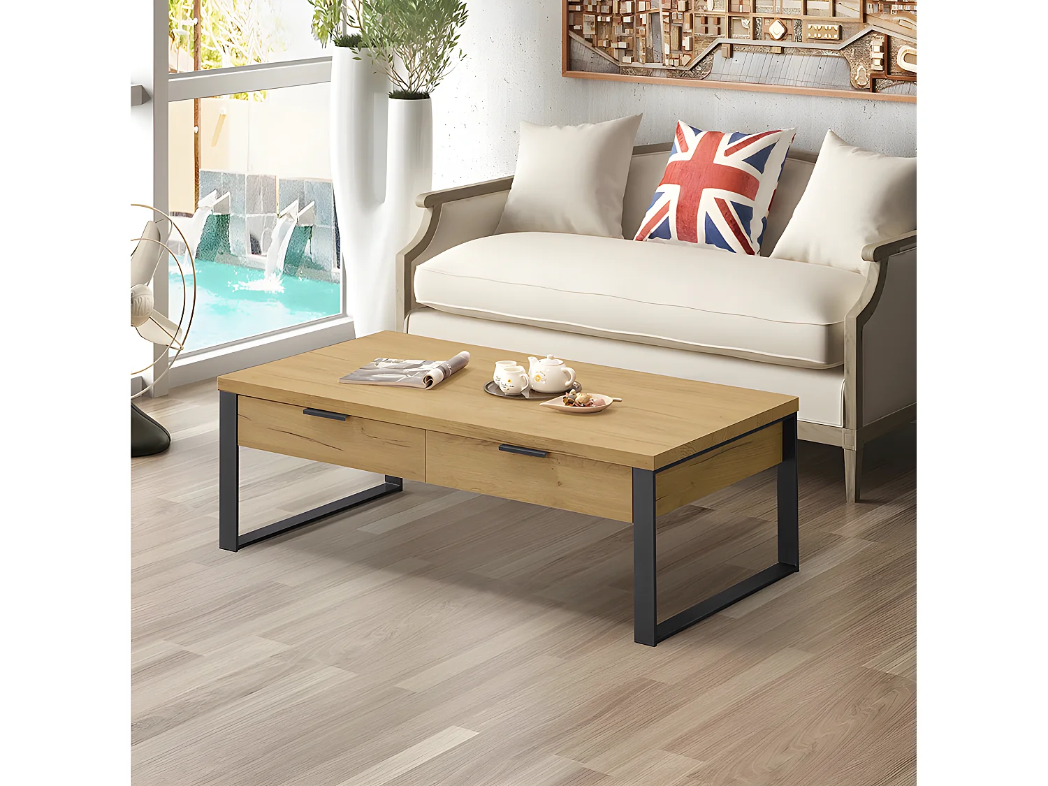 Table basse 2 tiroirs 1 niche pieds métal Ron