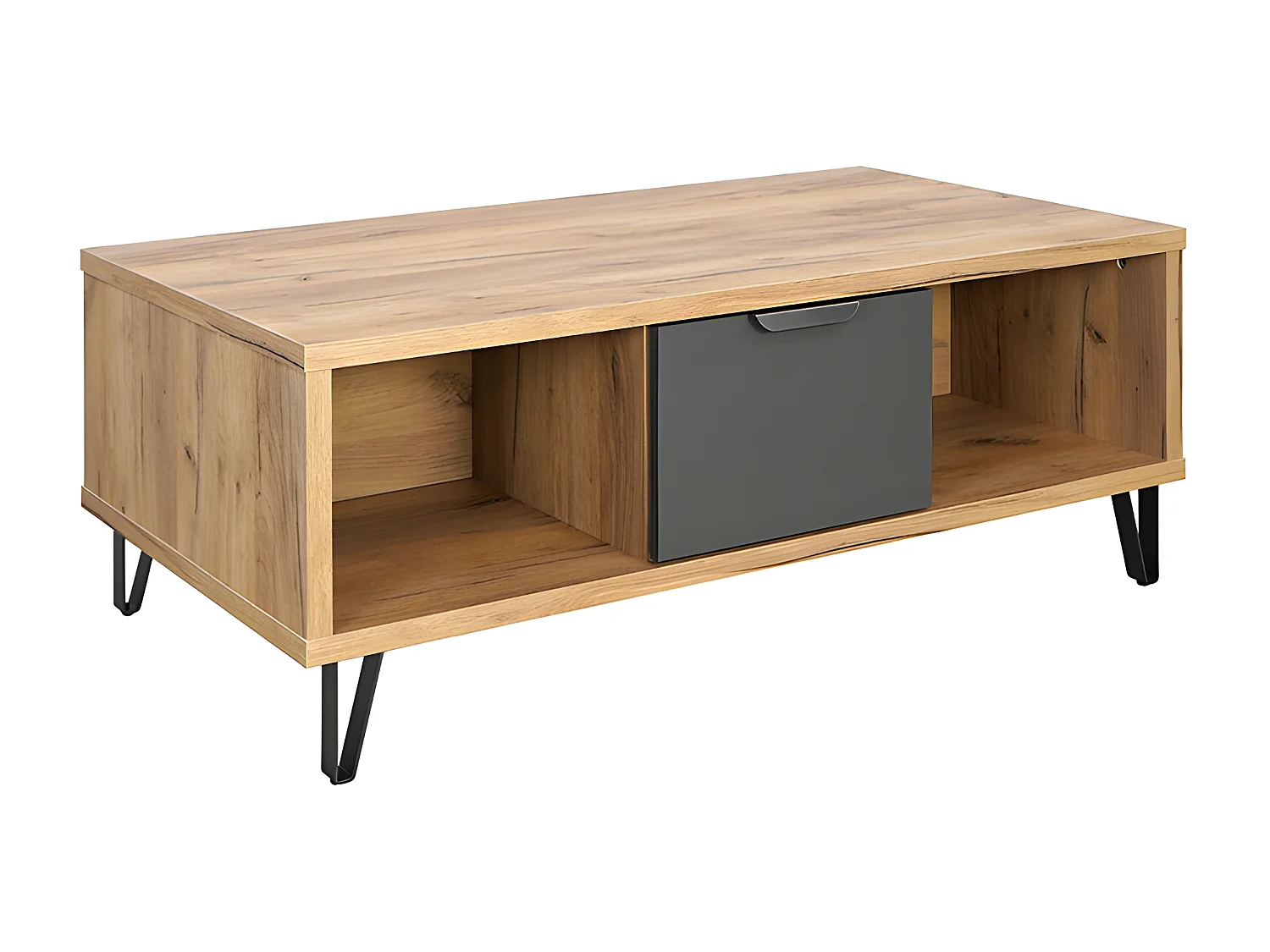 Table basse 1 tiroir 2 niches pieds métal Harry