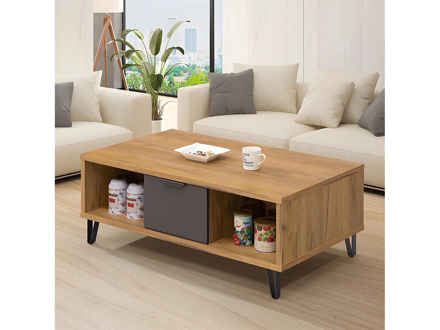 Table basse 1 tiroir 2 niches pieds métal Harry