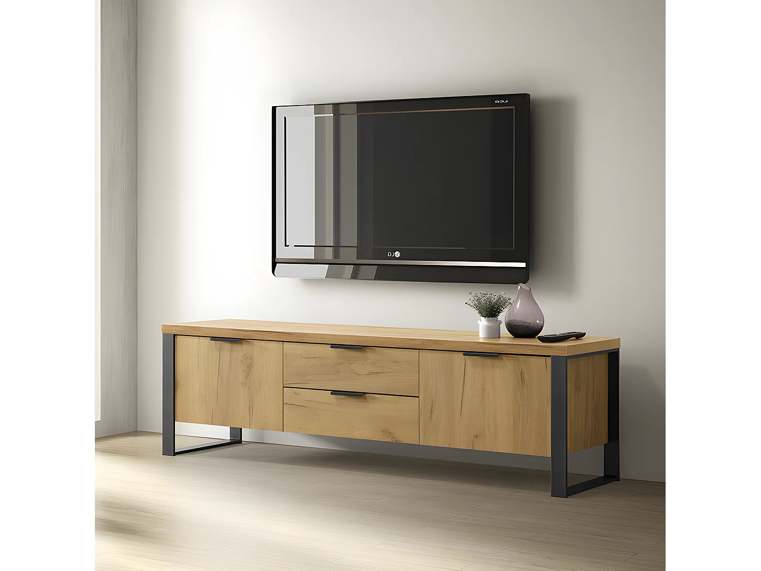 Meuble TV 2 portes 2 tiroirs pieds métal Ron