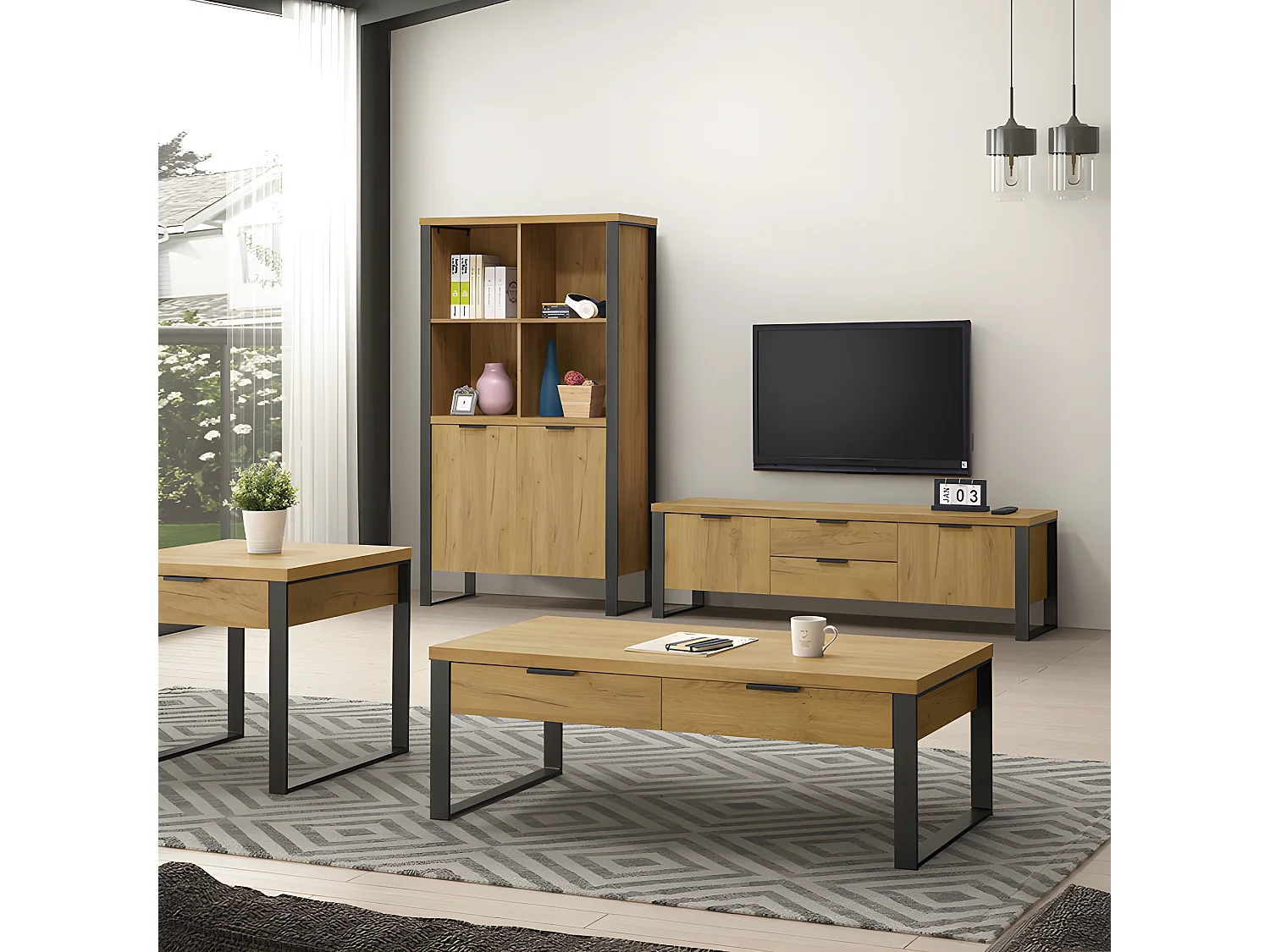 Meuble TV 2 portes 2 tiroirs pieds métal Ron