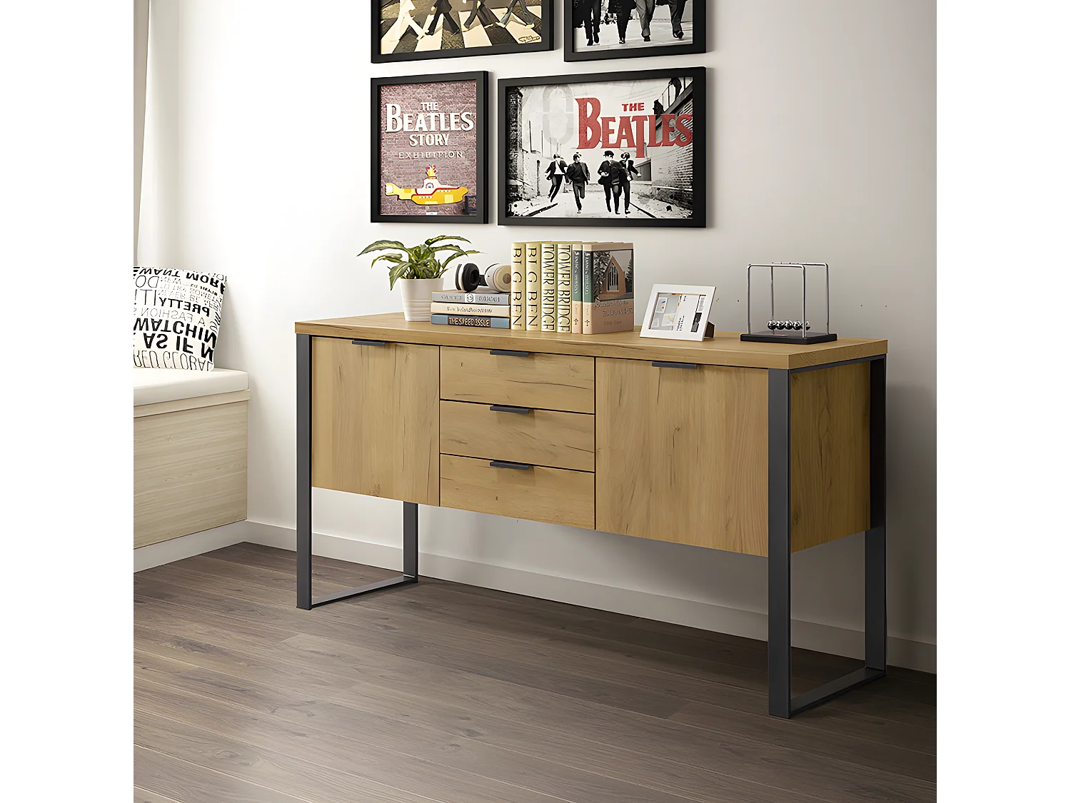 Buffet 2 portes 3 tiroirs pieds métal Ron