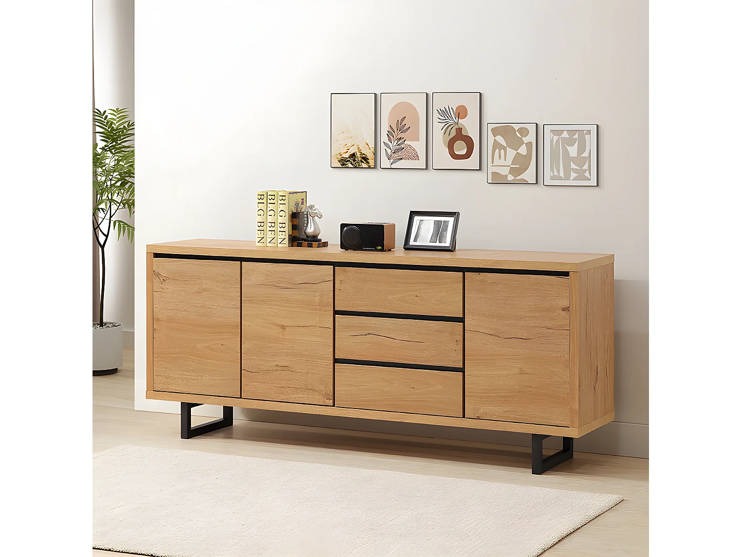 Bahut 3 tiroirs 3 portes pieds métal Sully