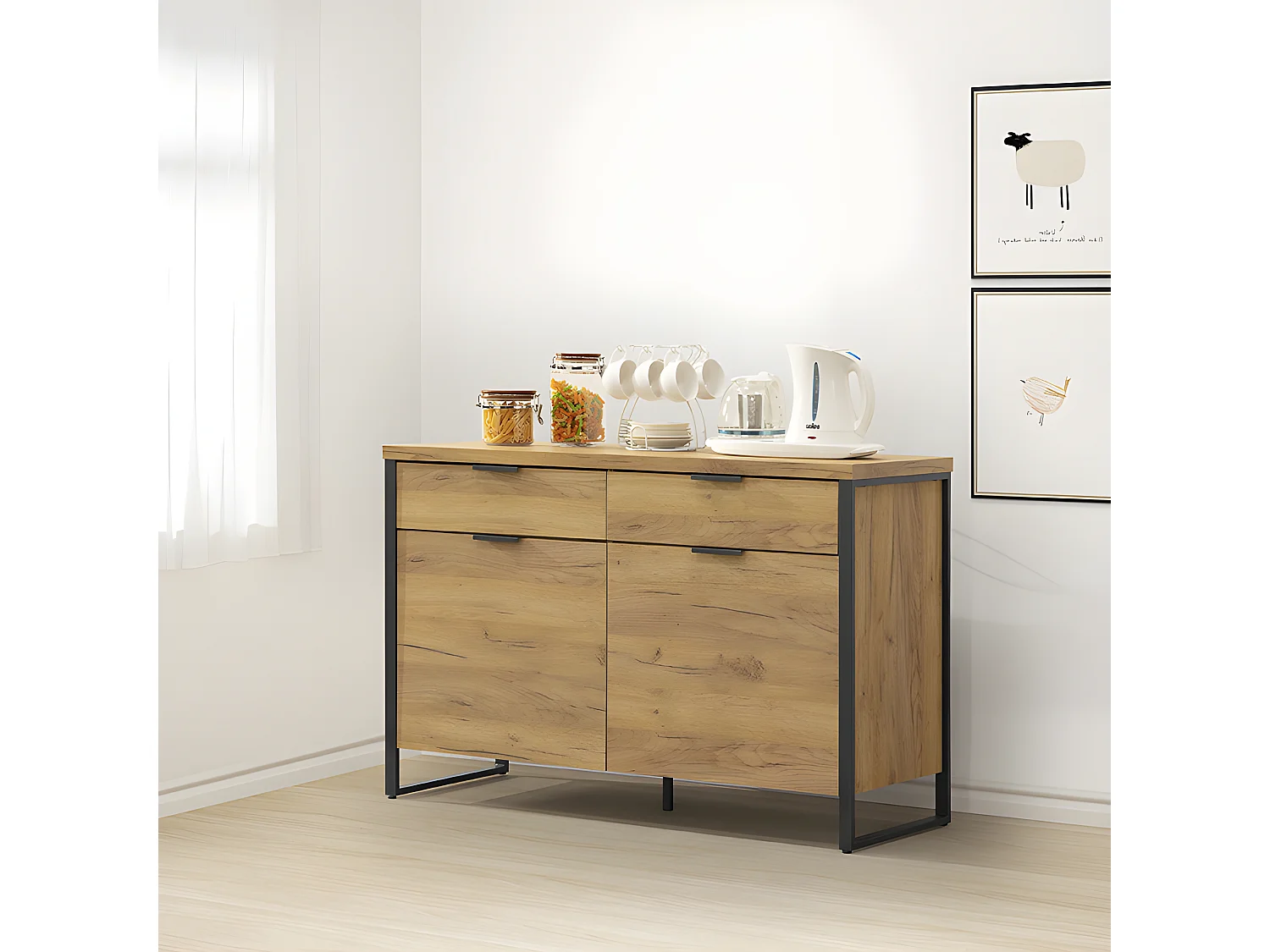 Buffet 2 portes 2 tiroirs pieds métal Ron