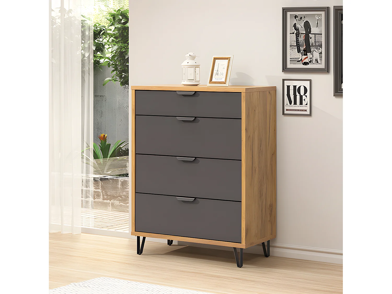 Commode 4 tiroirs naturel et gris Harry