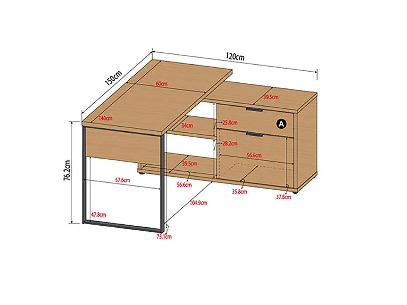 Bureau d'angle 2 cases 1 tiroir 1 porte Ron