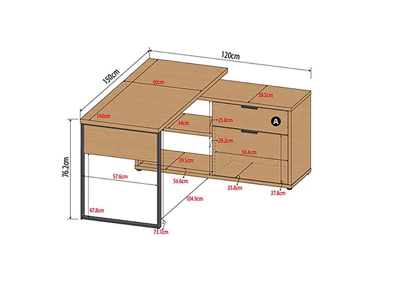 Bureau d'angle 2 cases 1 tiroir 1 porte Ron