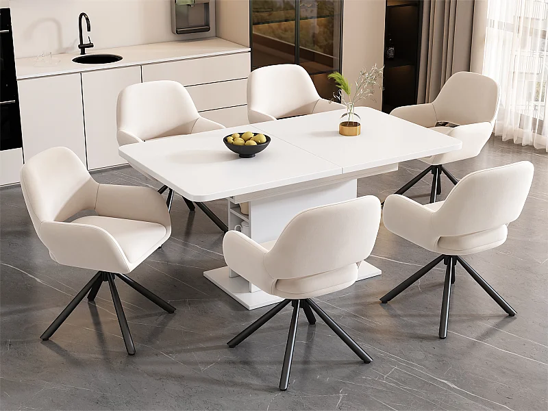 Conjunto de 6 cadeiras giratórias com braços - tecido veludo - estilo moderno - Branco