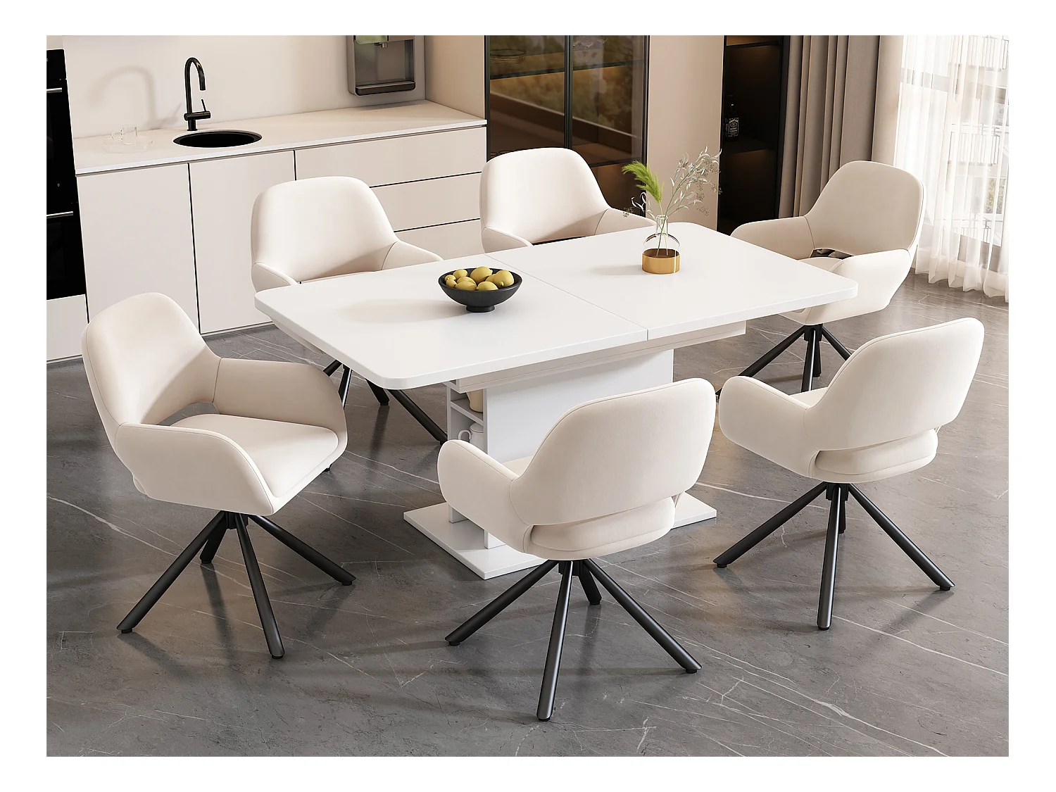 Conjunto de 6 cadeiras giratórias com braços - tecido veludo - estilo moderno - Branco