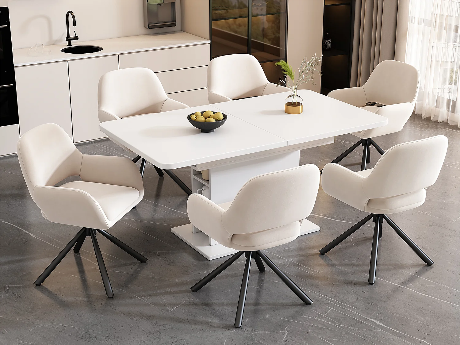 Set van 6 Draaistoelen met armleuningen - fluwelen stof - moderne stijl - Wit