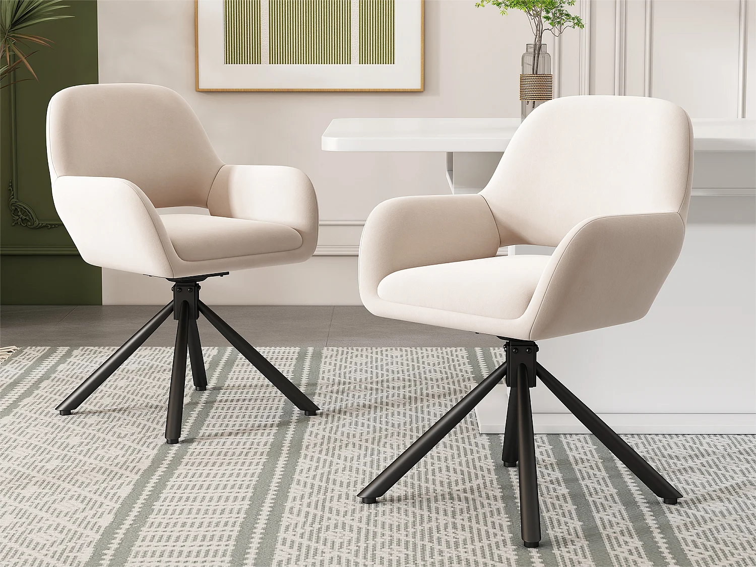 Conjunto de 2 cadeiras giratórias com braços - tecido veludo - estilo moderno - Branco