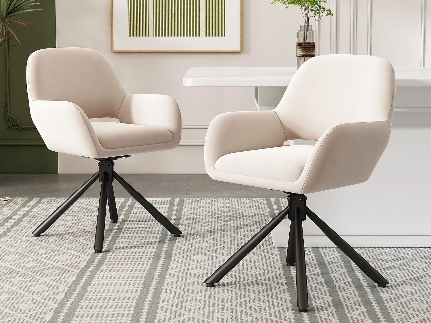 Lot de 2 Chaises pivotantes avec accoudoirs - tissu en velours - style moderne - Blanc