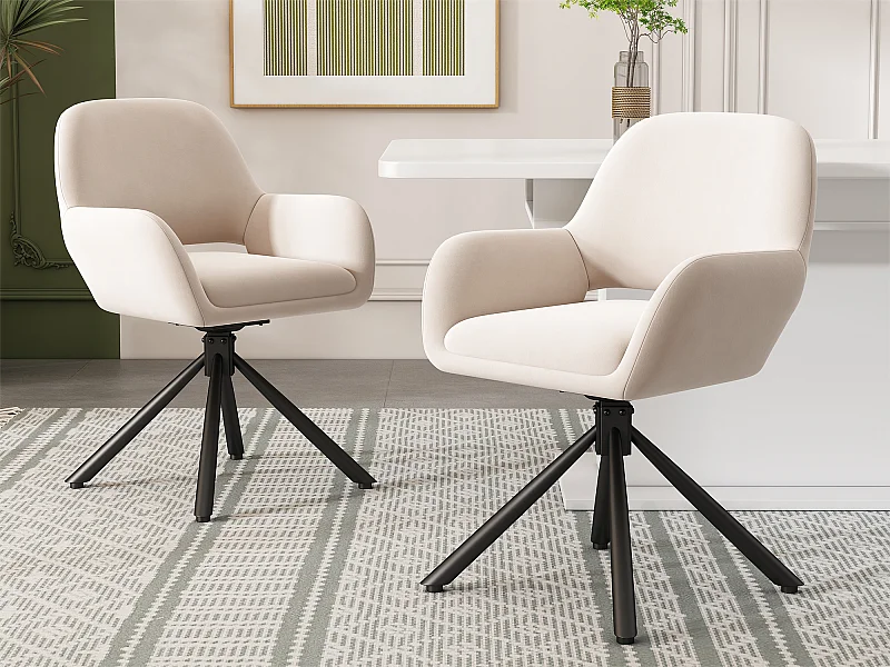 Lot de 2 Chaises pivotantes avec accoudoirs - tissu en velours - style moderne - Blanc