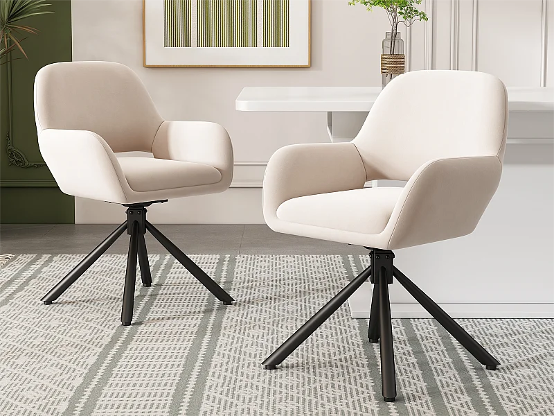 Set mit 2 Drehstühlen mit Armlehnen – Samtstoff – moderner Stil – Weiß