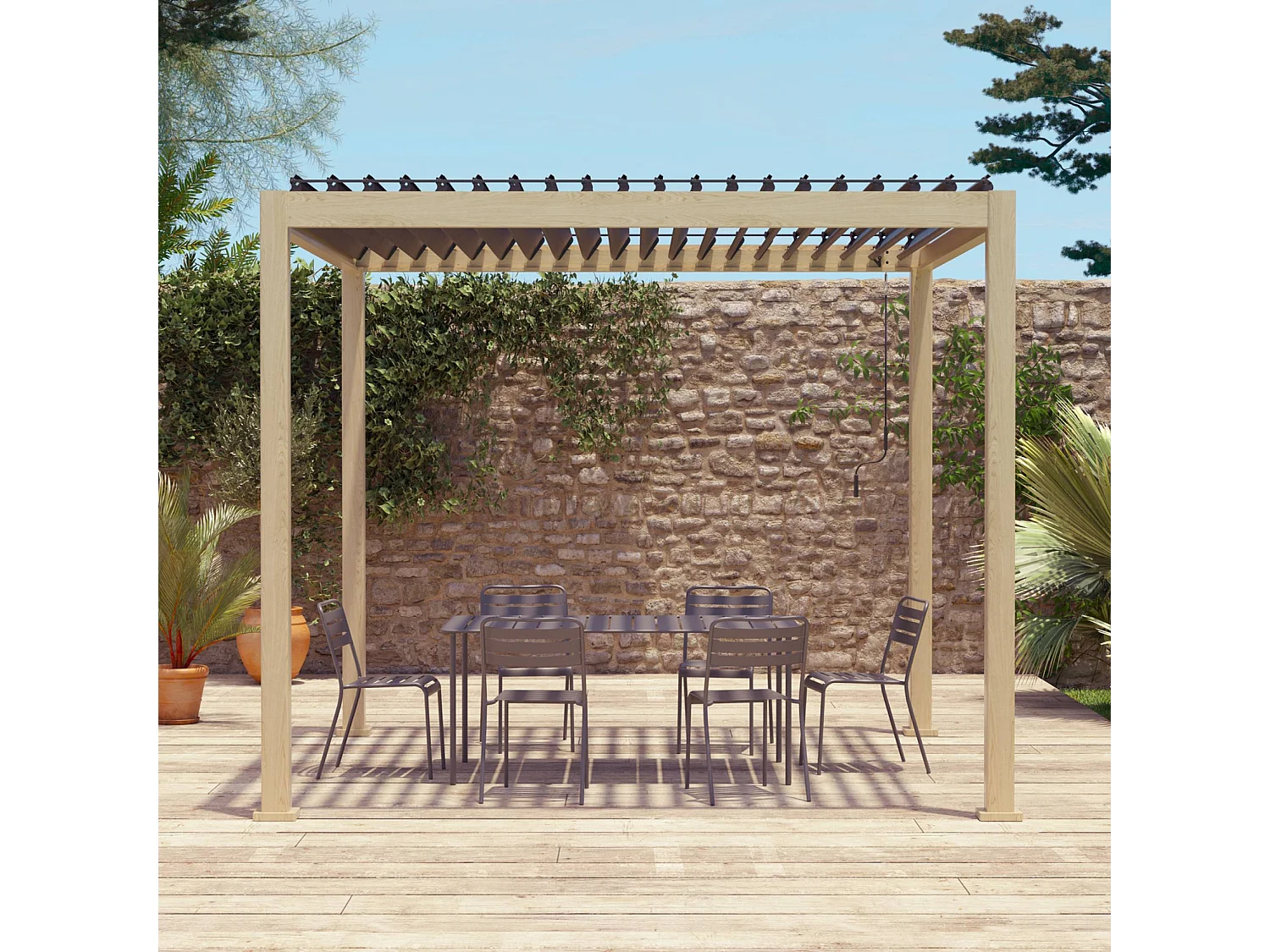 Pérgola bioclimática 3x3m de aluminio con lamas orientables madera