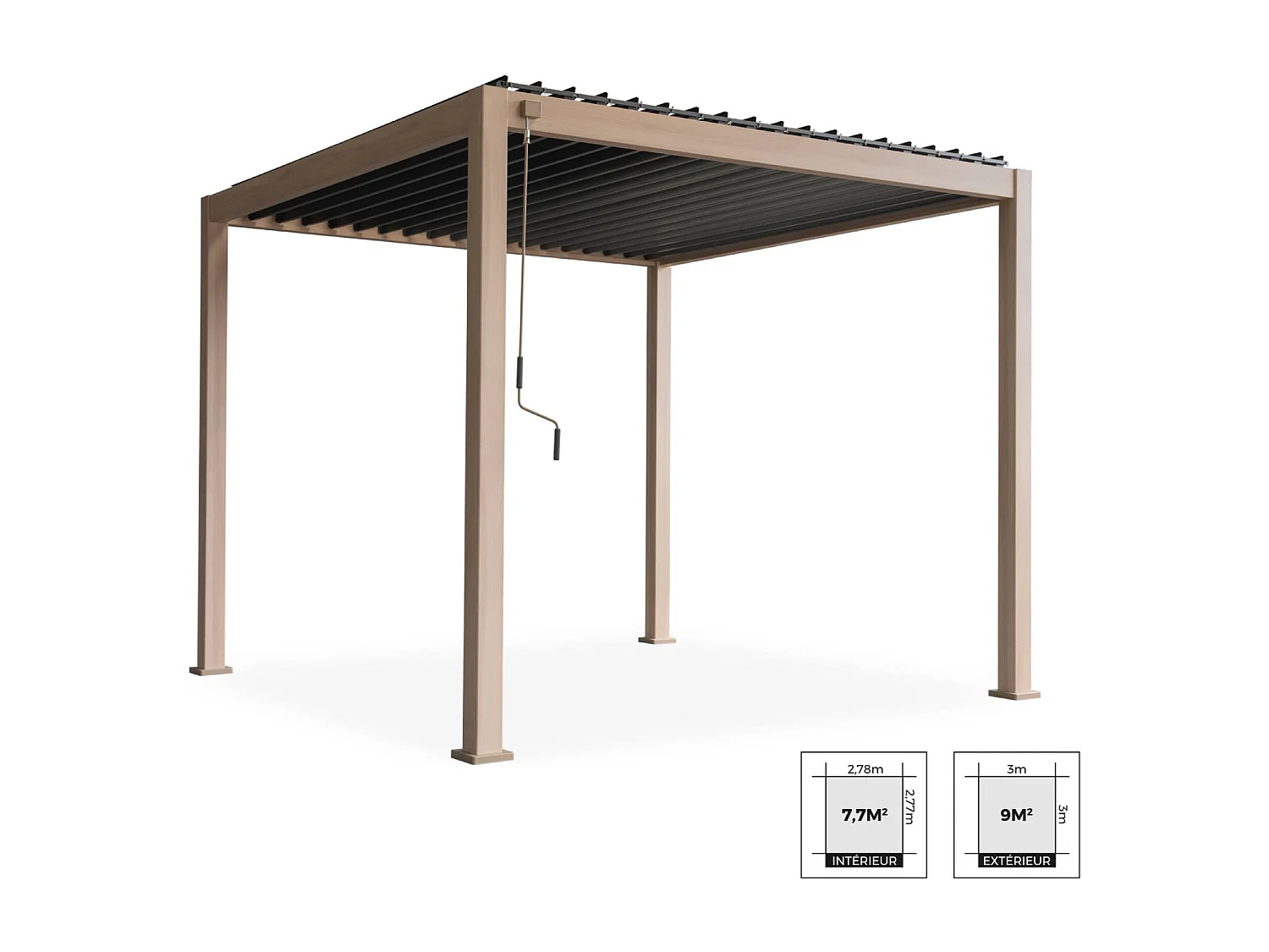 Pérgola bioclimática 3x3m de aluminio con lamas orientables madera