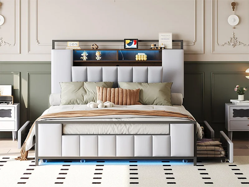 Cama para adultos 160x200 cm en símil piel - con LED y toma USB - 4 cajones - estructura de hierro - Blanco