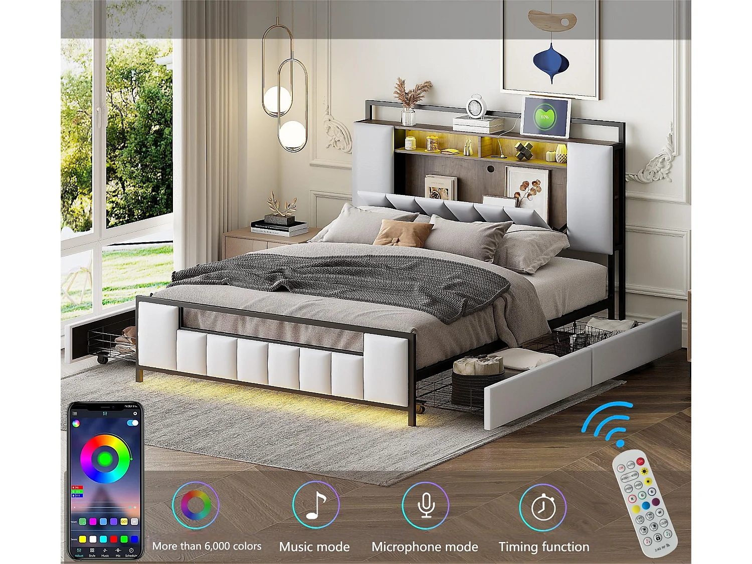 Cama de adulto 160x200 cm em imitação de pele - com LED e tomada USB - 4 gavetas - estrutura em ferro - Branco