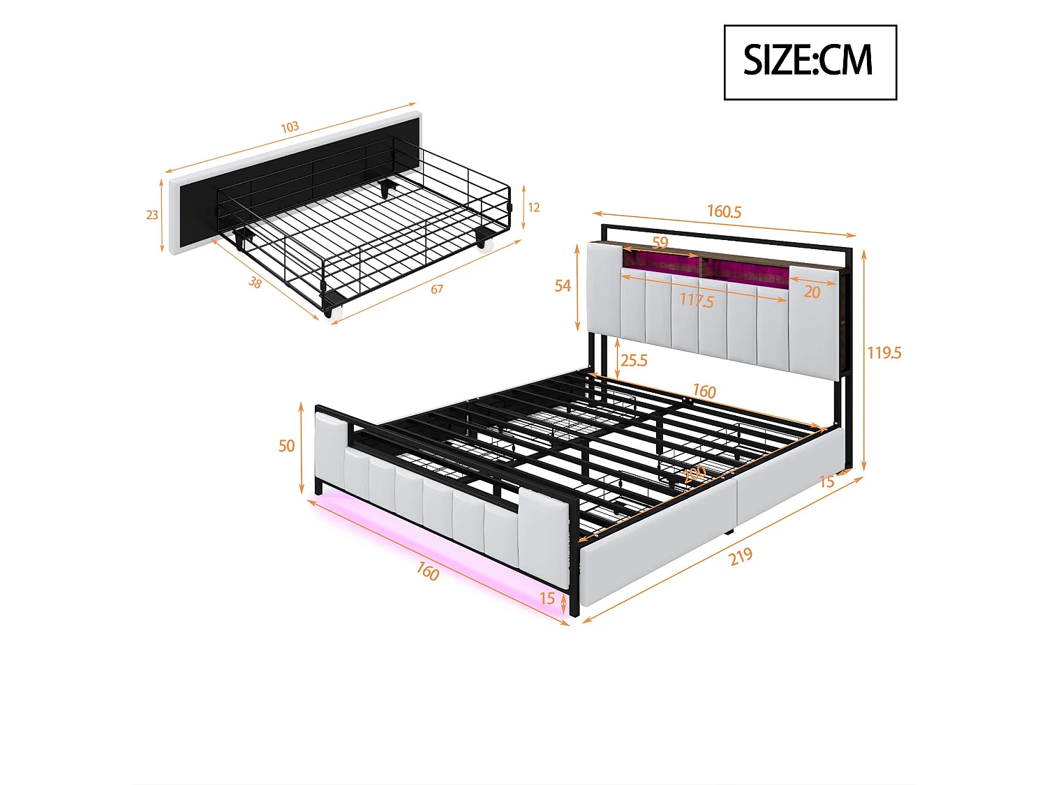 Cama de adulto 160x200 cm em imitação de pele - com LED e tomada USB - 4 gavetas - estrutura em ferro - Branco