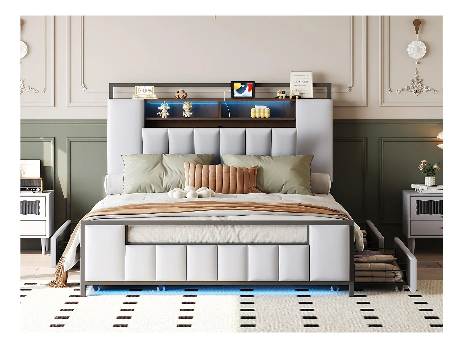 Lit adulte 160x200 cm en similicuir - avec LED et prise USB - 4 tiroirs - cadre en fer - Beige