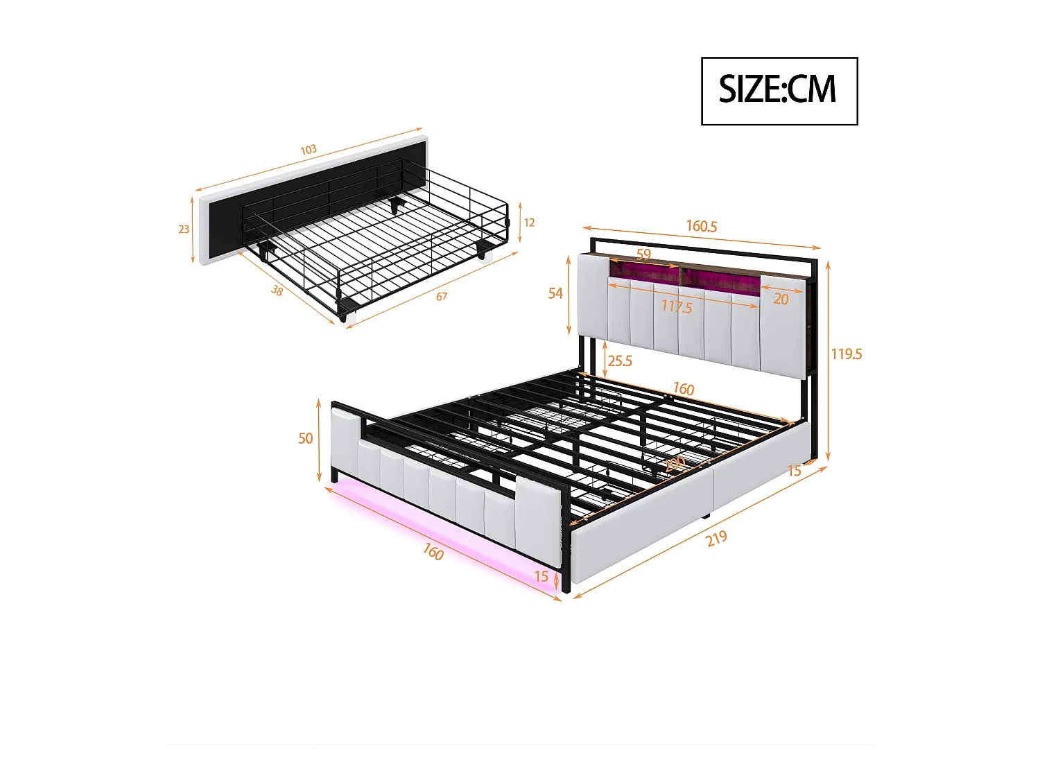 Volwassenenbed 160x200 cm in kunstleer - met LED en USB-aansluiting - 4 laden - ijzeren frame - Wit