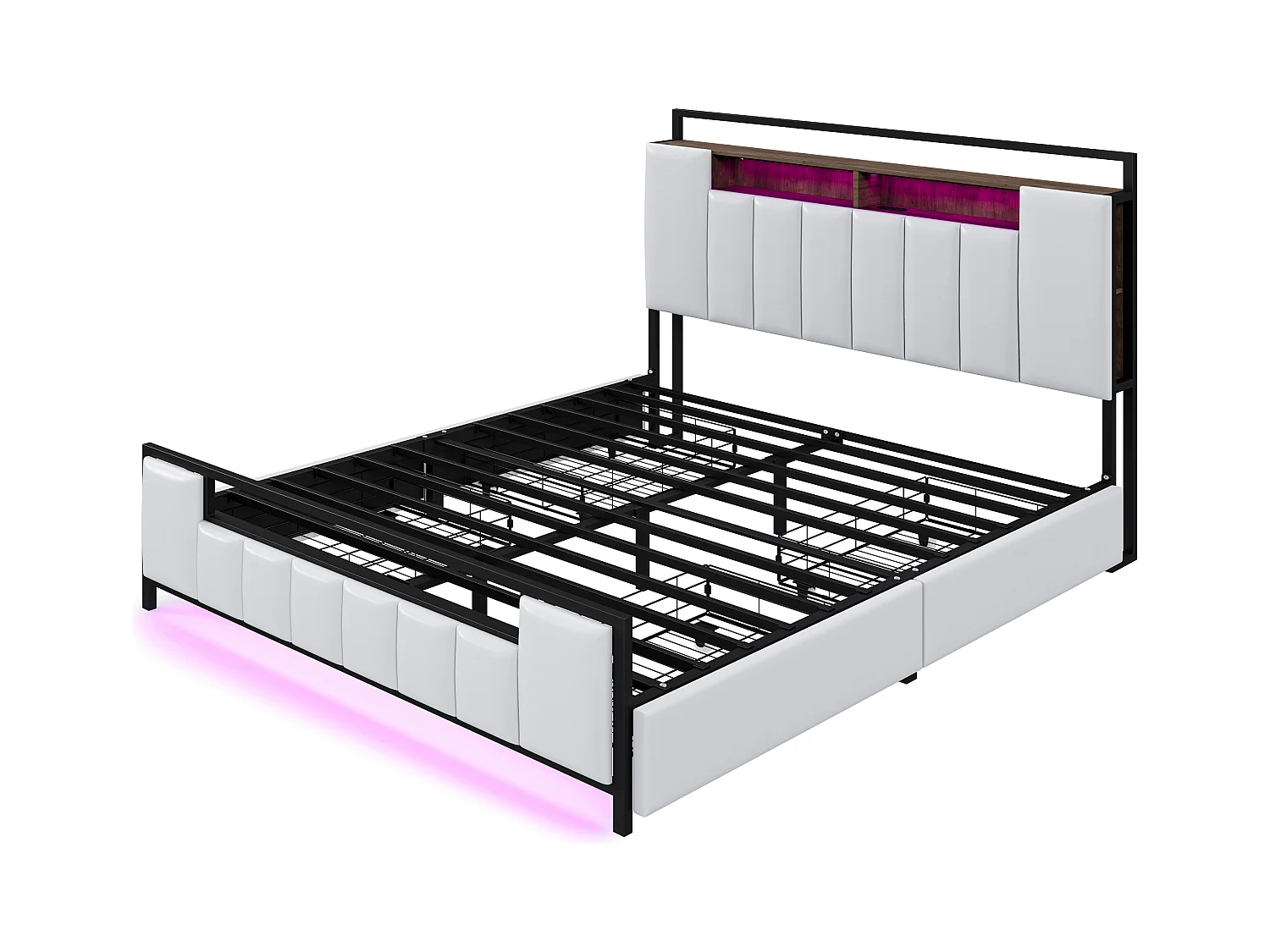 Volwassenenbed 160x200 cm in kunstleer - met LED en USB-aansluiting - 4 laden - ijzeren frame - Wit