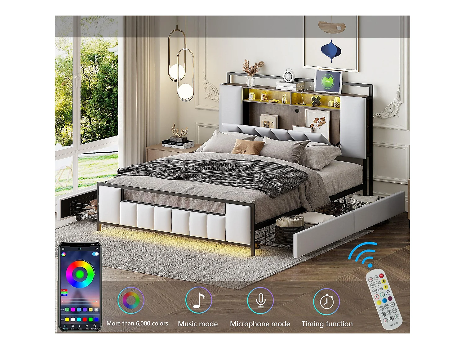 Volwassenenbed 160x200 cm in kunstleer - met LED en USB-aansluiting - 4 laden - ijzeren frame - Wit