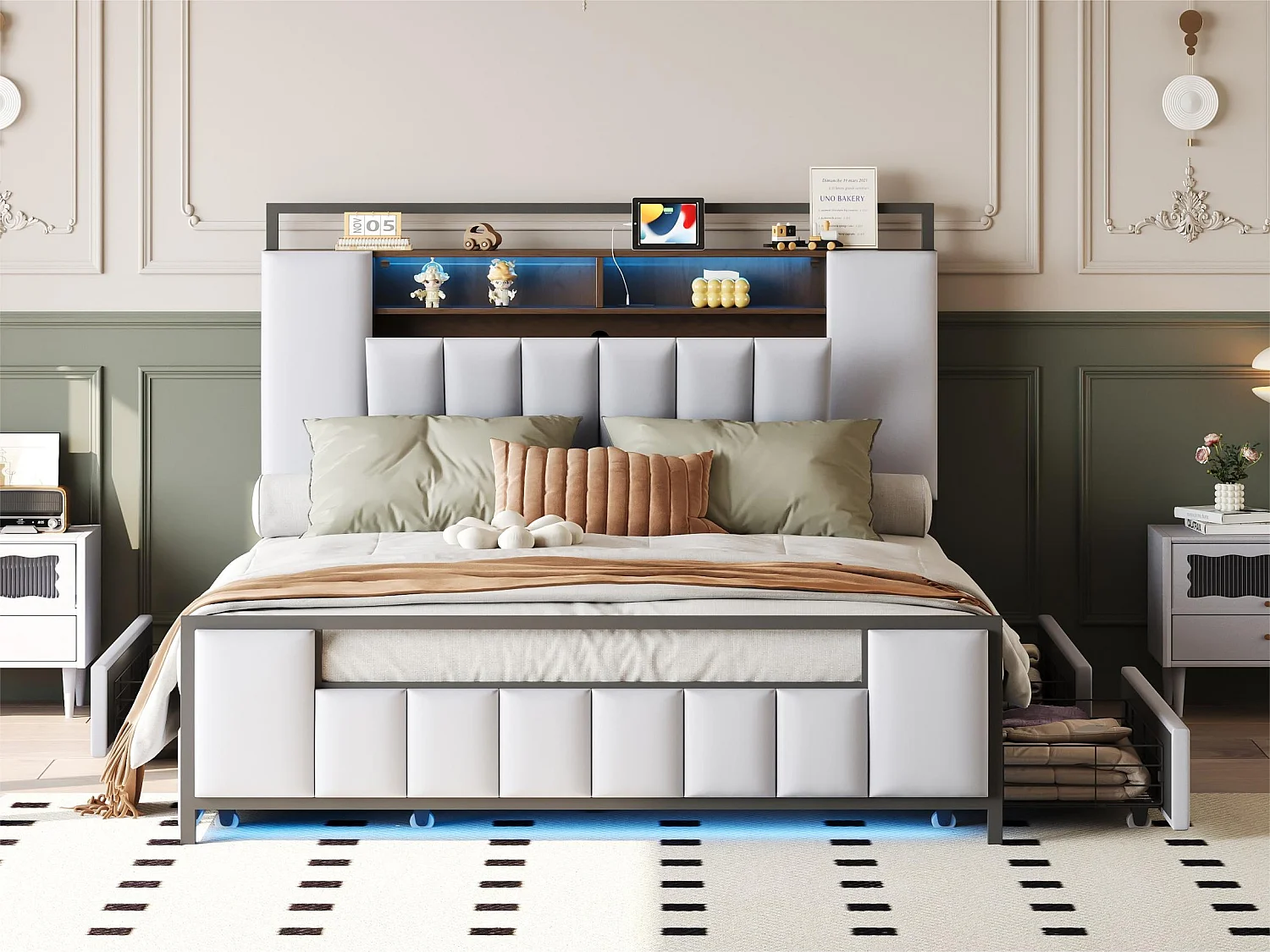 Letto adulto 160x200 cm in similpelle - con LED e presa USB - 4 cassetti - struttura in ferro - Bianco