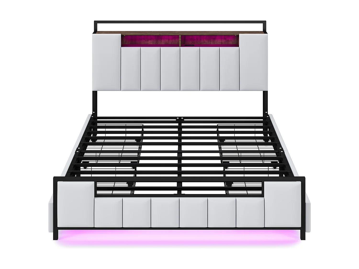 Letto adulto 160x200 cm in similpelle - con LED e presa USB - 4 cassetti - struttura in ferro - Bianco