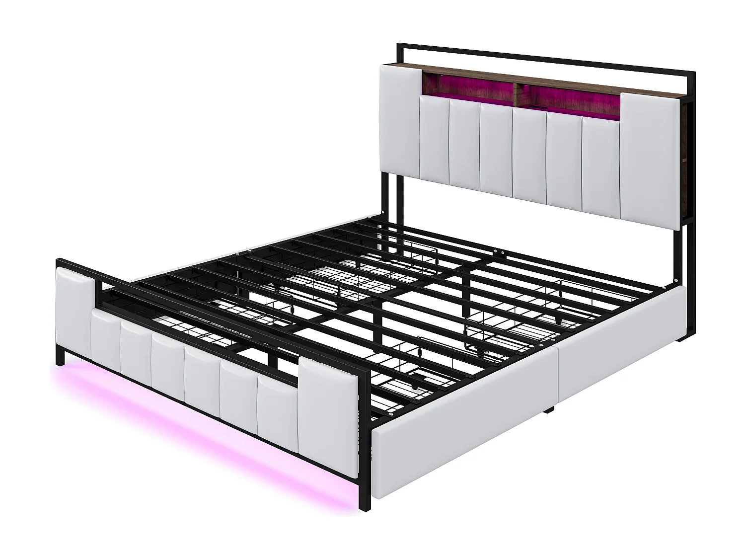 Letto adulto 160x200 cm in similpelle - con LED e presa USB - 4 cassetti - struttura in ferro - Bianco