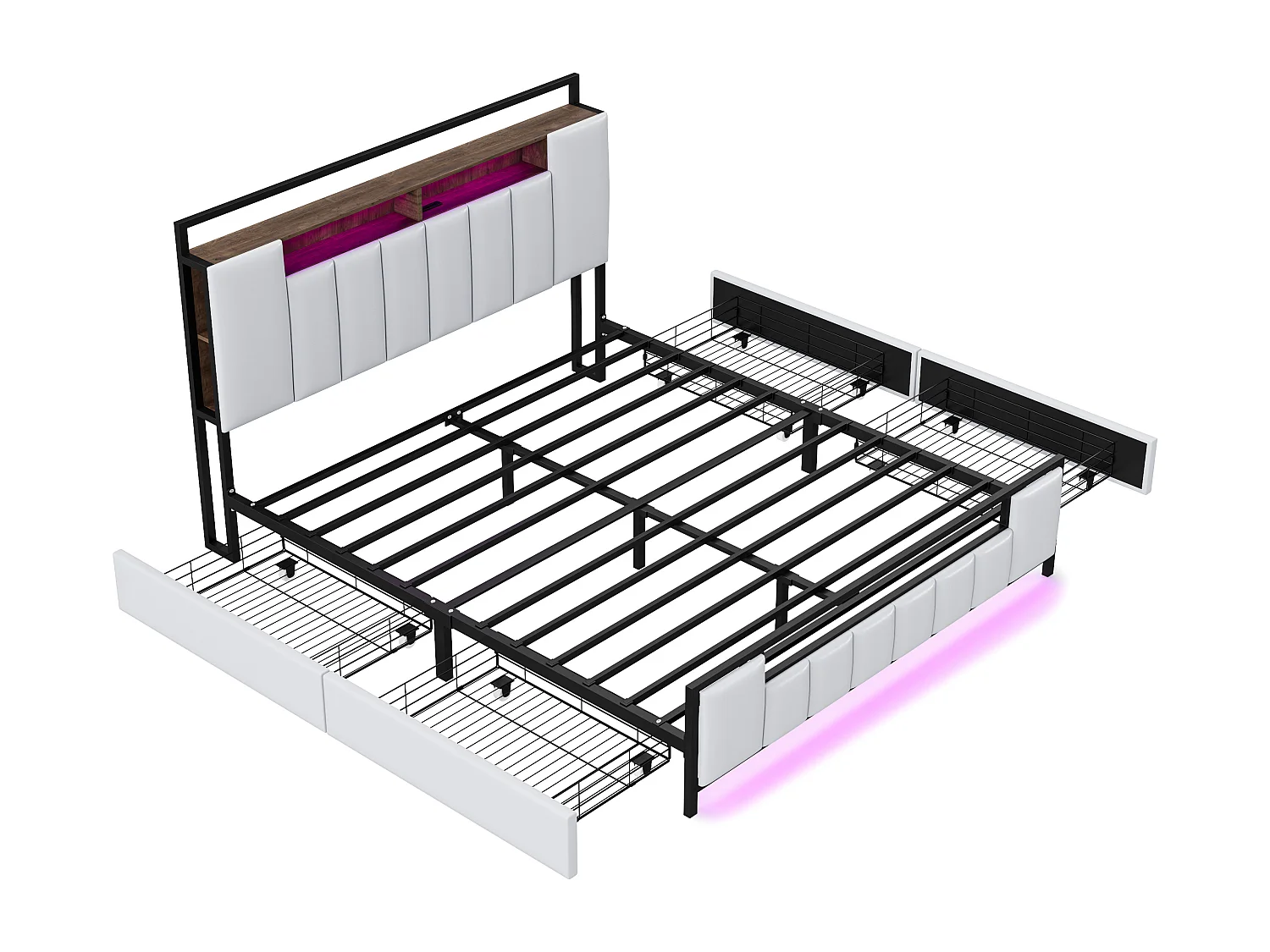Letto adulto 160x200 cm in similpelle - con LED e presa USB - 4 cassetti - struttura in ferro - Bianco