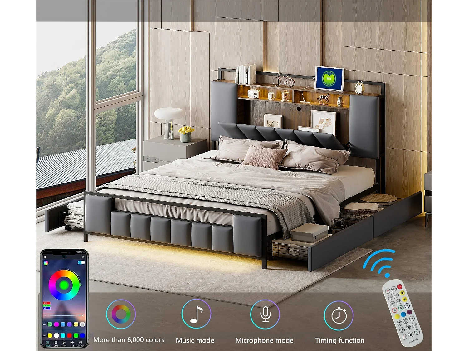 Cama de adulto 140x200 cm em imitação de pele - com LED e tomada USB - 4 gavetas - estrutura em ferro - Cinza