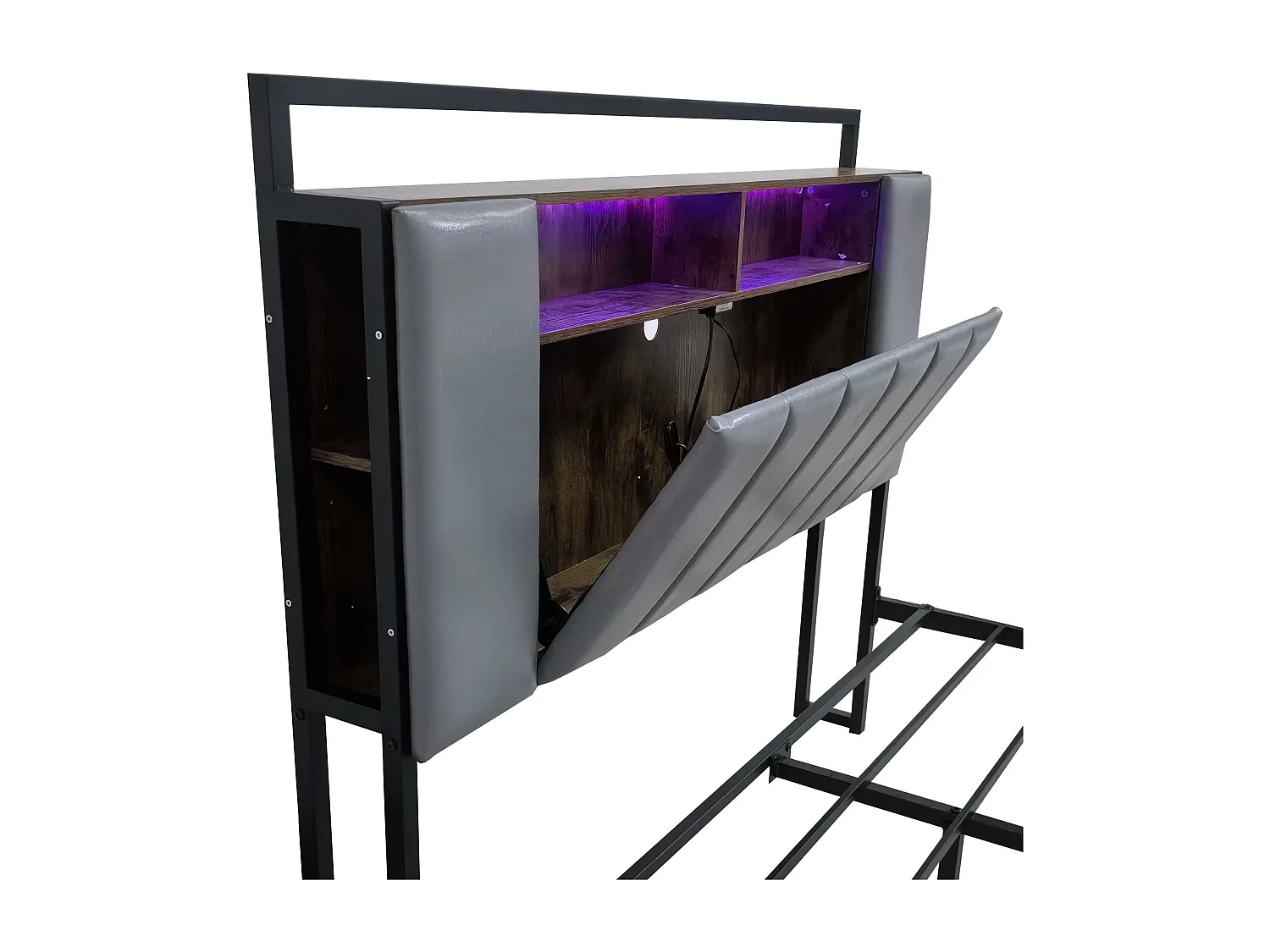 Cama de adulto 140x200 cm em imitação de pele - com LED e tomada USB - 4 gavetas - estrutura em ferro - Cinza