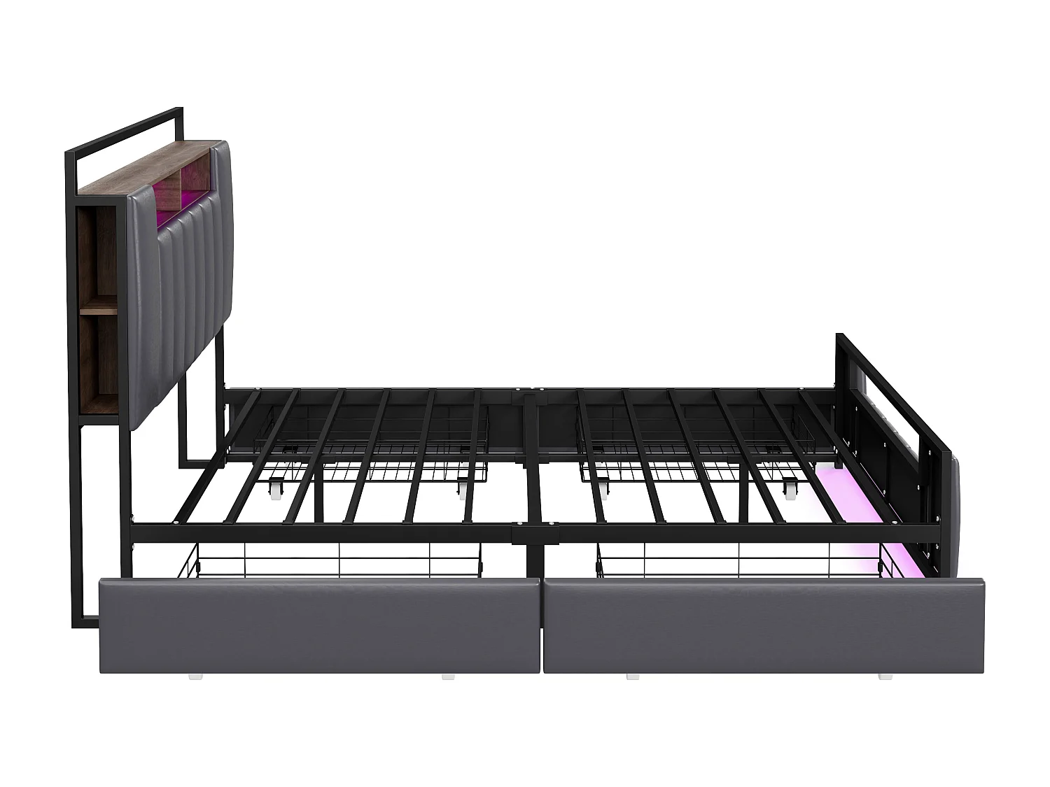 Cama de adulto 140x200 cm em imitação de pele - com LED e tomada USB - 4 gavetas - estrutura em ferro - Cinza