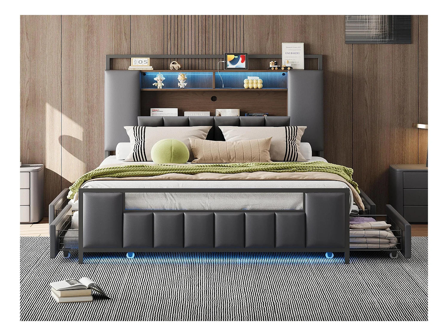 Lit adulte 140x200 cm en similicuir - avec LED et prise USB - 4 tiroirs - cadre en fer - Gris