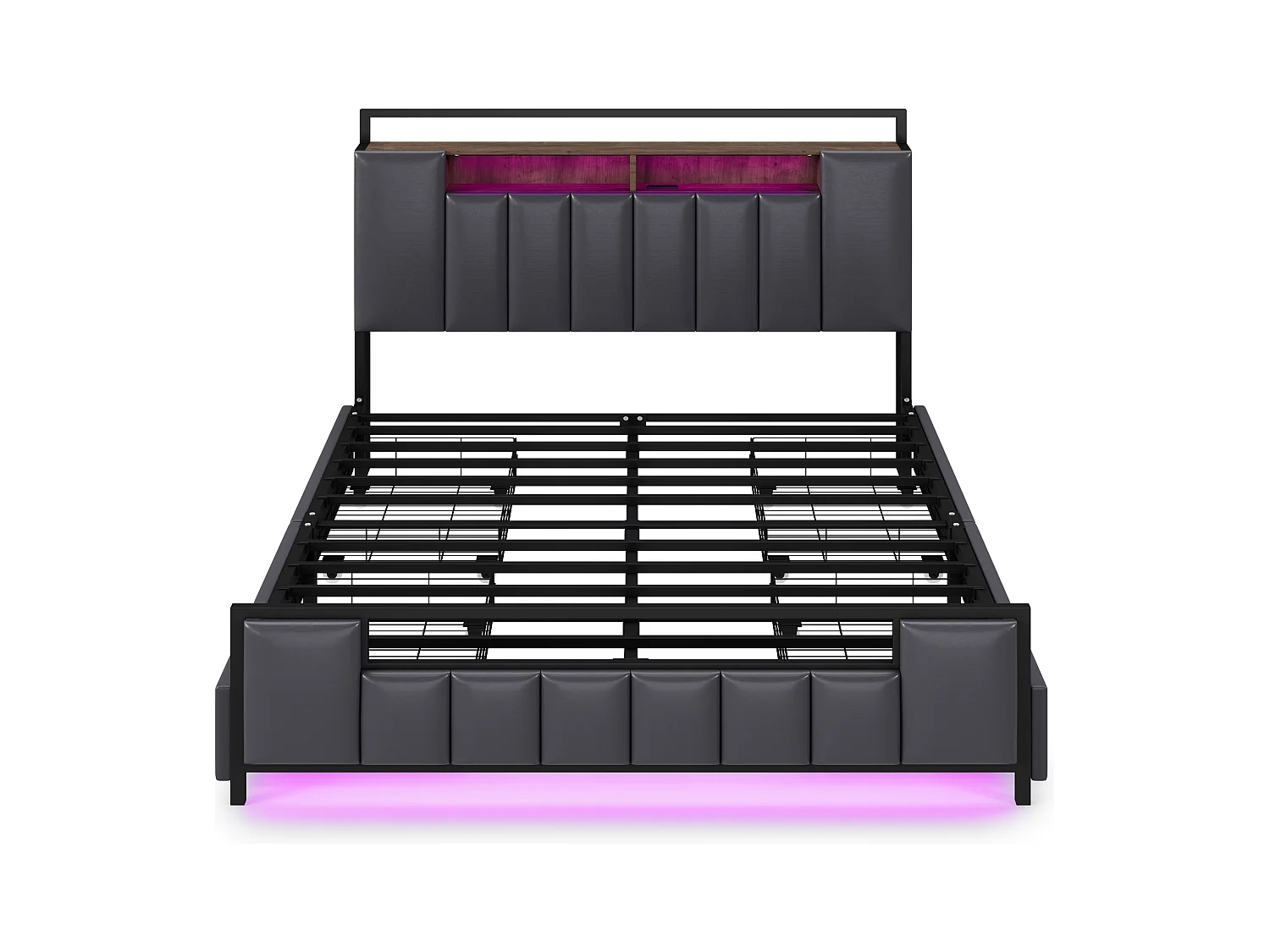 Erwachsenenbett 140x200 cm aus Kunstleder – mit LED- und USB-Anschluss – 4 Schubladen – Eisenrahmen – Grau