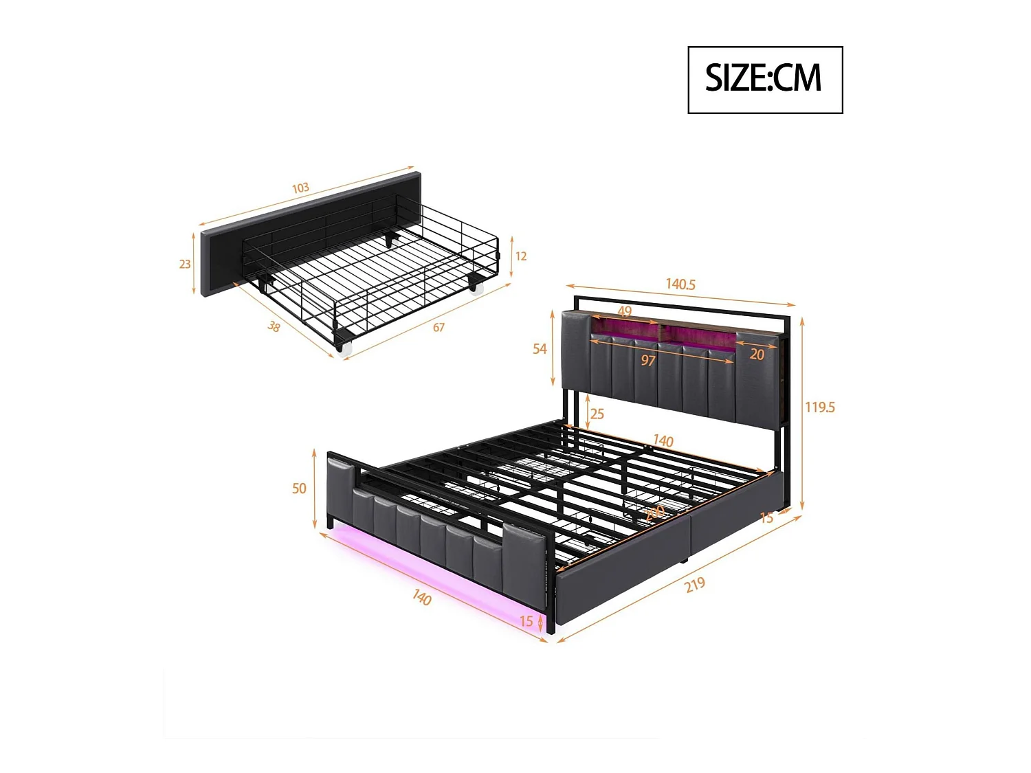 Erwachsenenbett 140x200 cm aus Kunstleder – mit LED- und USB-Anschluss – 4 Schubladen – Eisenrahmen – Grau
