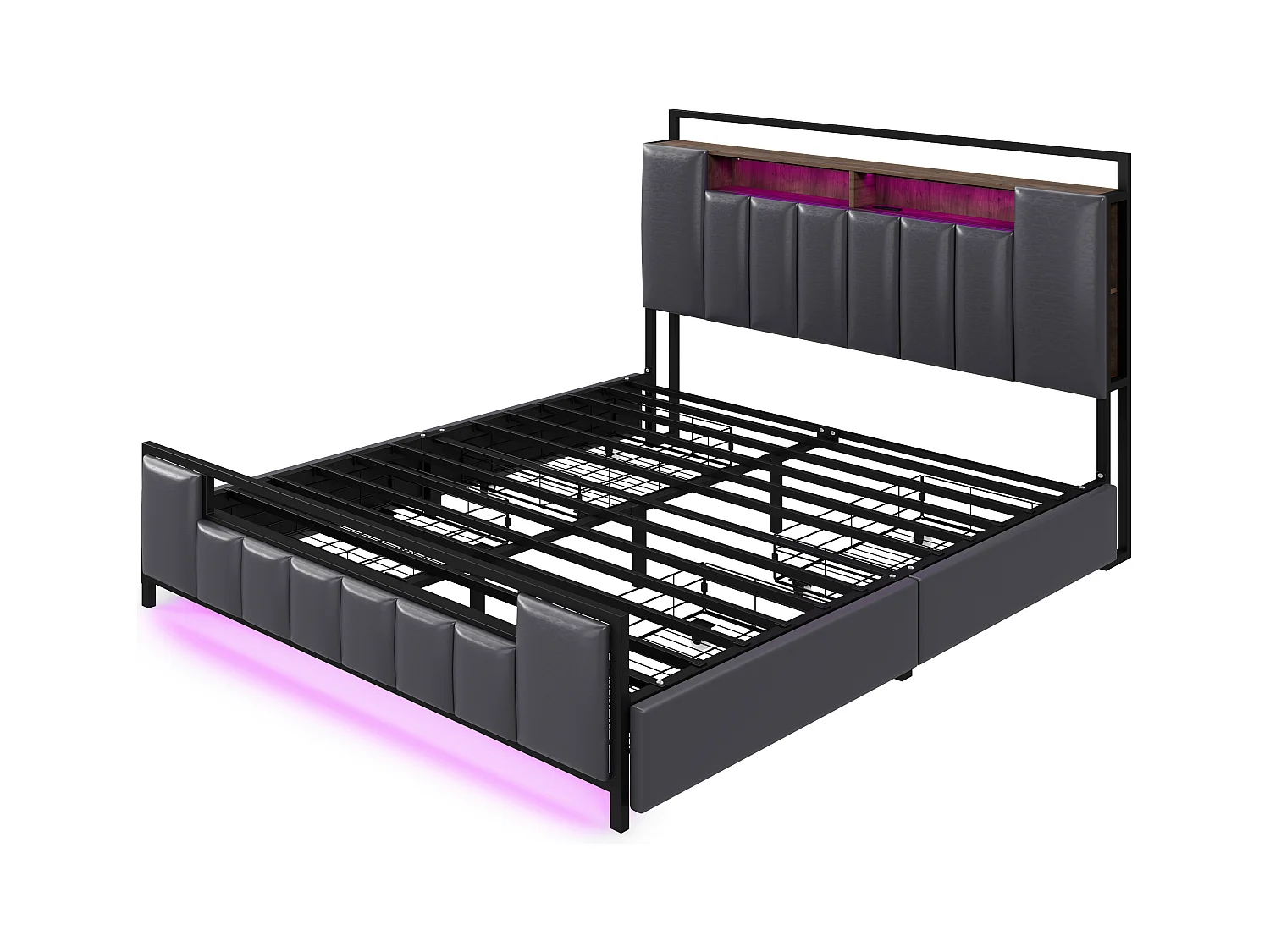 Erwachsenenbett 140x200 cm aus Kunstleder – mit LED- und USB-Anschluss – 4 Schubladen – Eisenrahmen – Grau