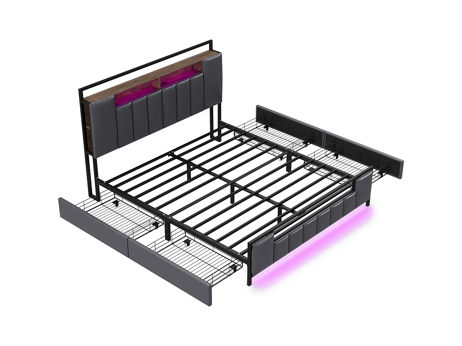 Erwachsenenbett 140x200 cm aus Kunstleder – mit LED- und USB-Anschluss – 4 Schubladen – Eisenrahmen – Grau