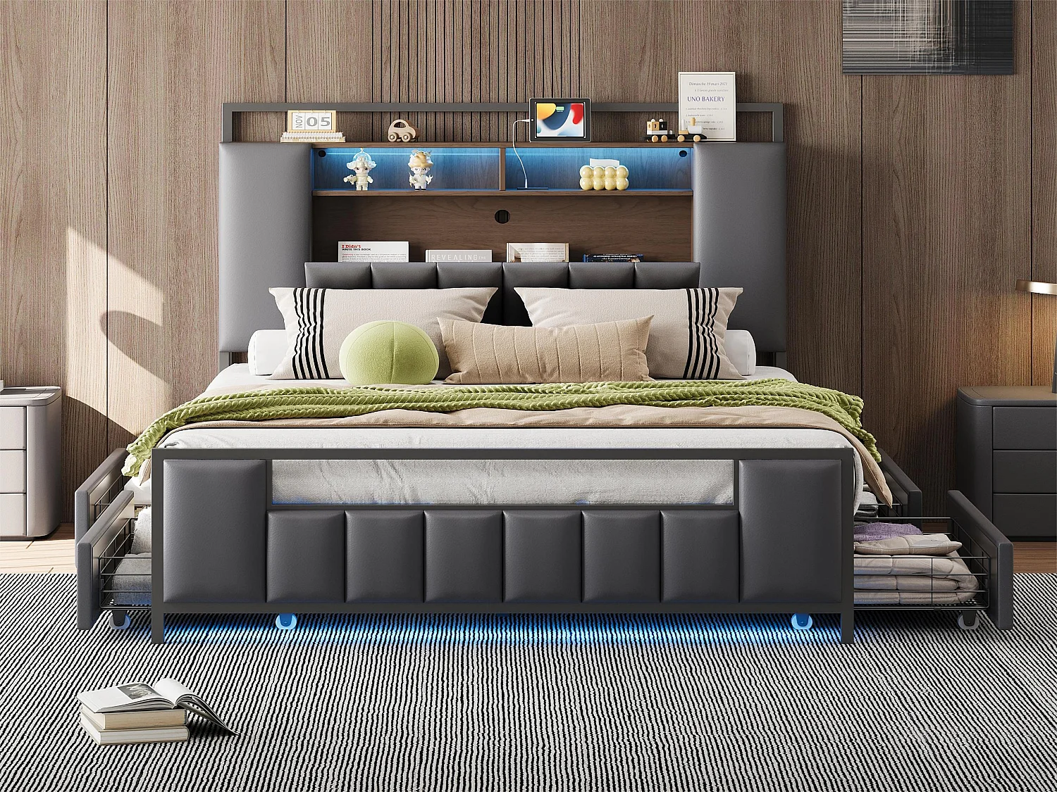 Lit adulte 140x200 cm en similicuir - avec LED et prise USB - 4 tiroirs - cadre en fer - Gris