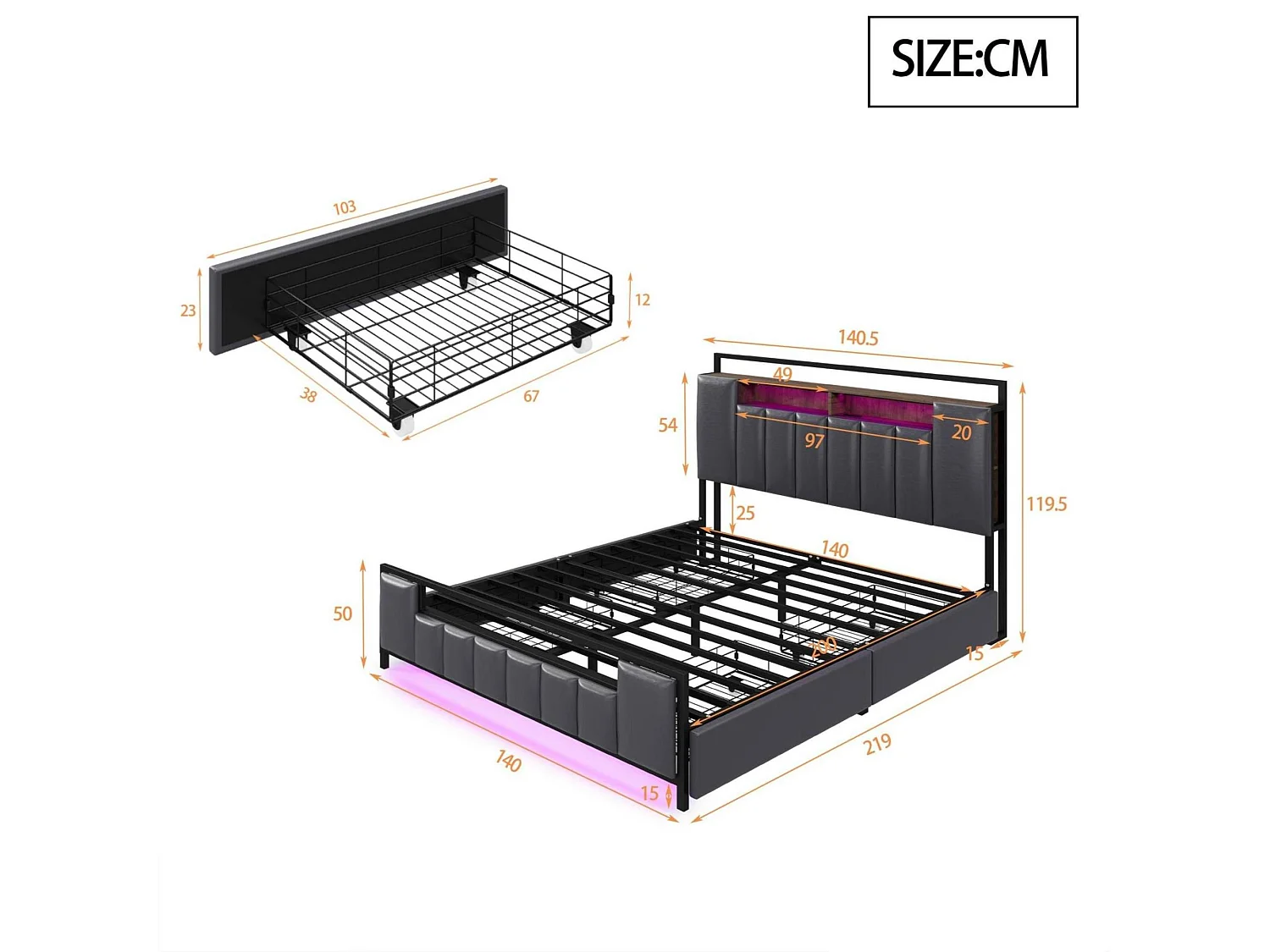 Lit adulte 140x200 cm en similicuir - avec LED et prise USB - 4 tiroirs - cadre en fer - Gris