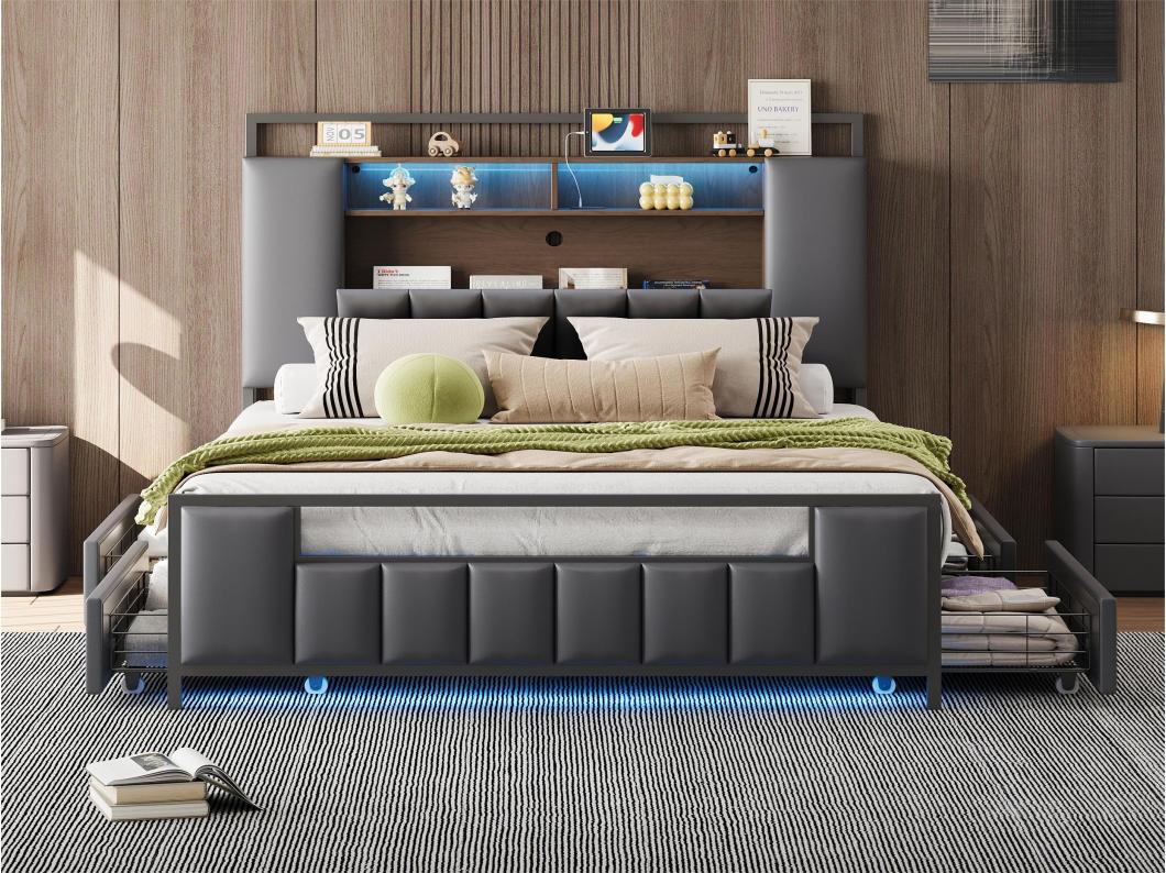 Cama de adulto 140x200 cm em imitação de pele - com LED e tomada USB - 4 gavetas - estrutura em ferro - Cinza