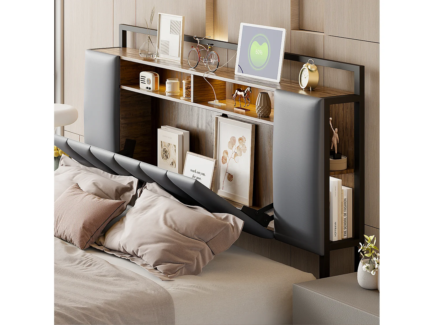 Cama de adulto 160x200 cm em imitação de pele - com LED e tomada USB - 4 gavetas - estrutura em ferro - Cinza