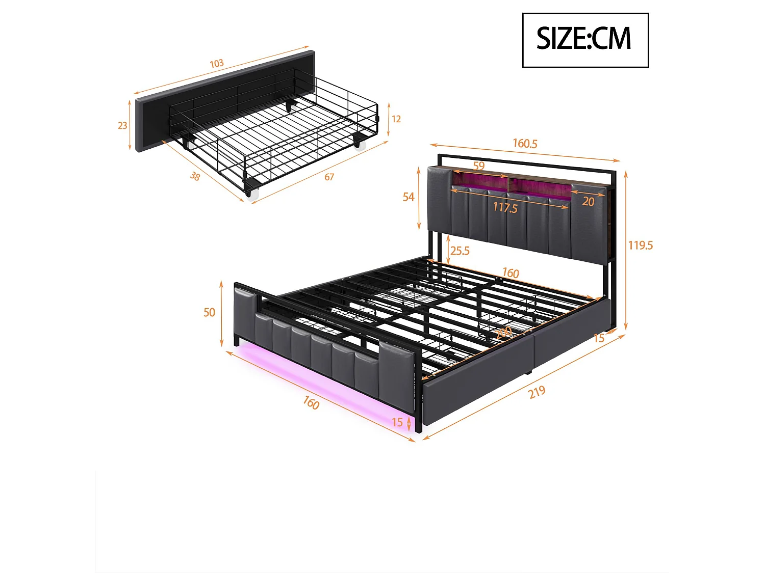 Cama de adulto 160x200 cm em imitação de pele - com LED e tomada USB - 4 gavetas - estrutura em ferro - Cinza